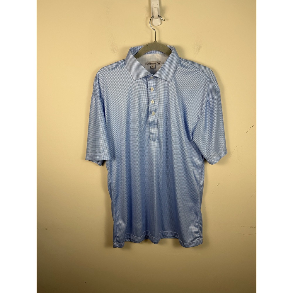 Collars & Co Mens Blue White Houndstooth Polo Shirt Short Sleeve Size Large‎